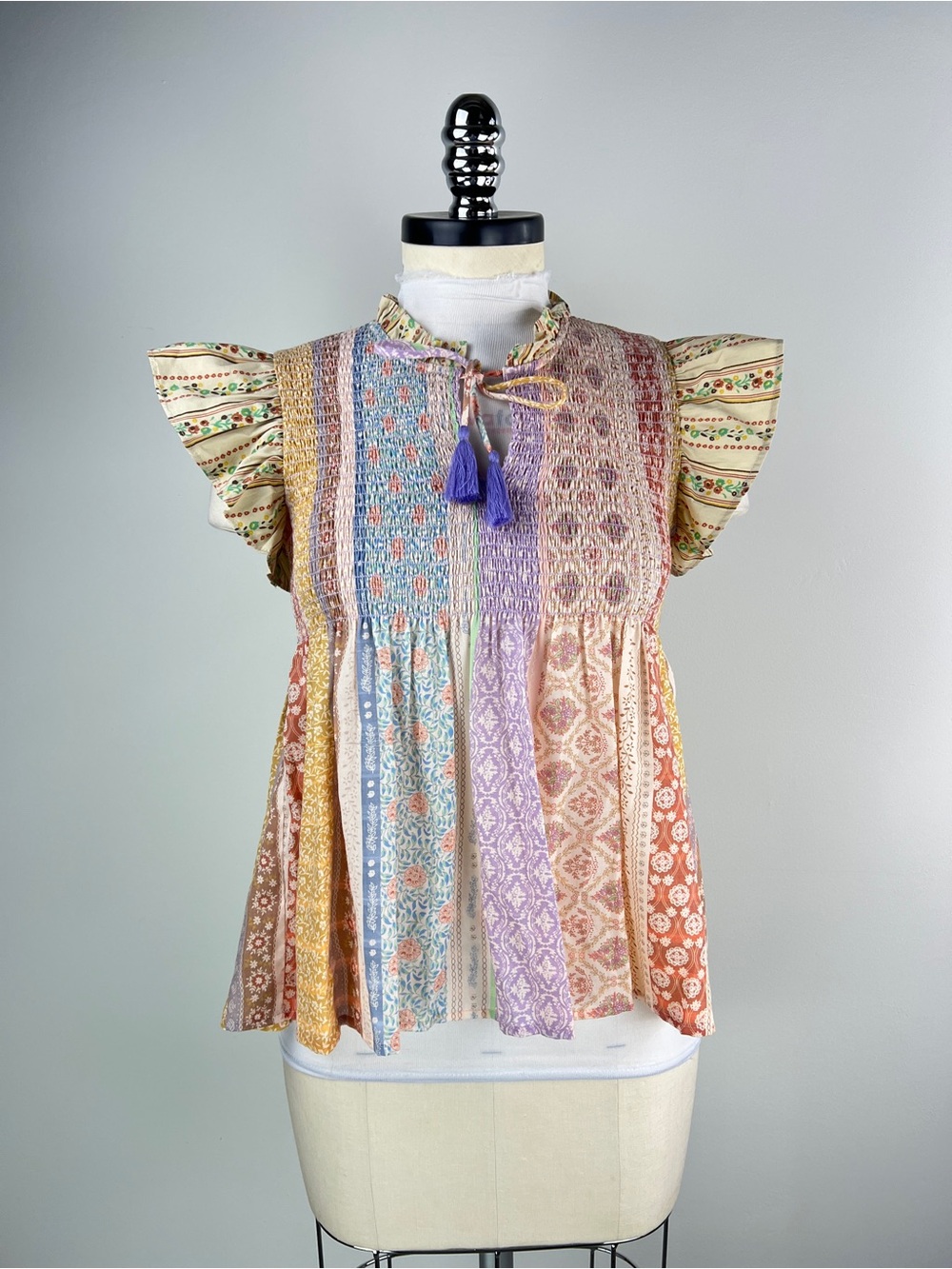 💚 3811. Boho Patchwork Ruffle Sleeve Top in Multicolor